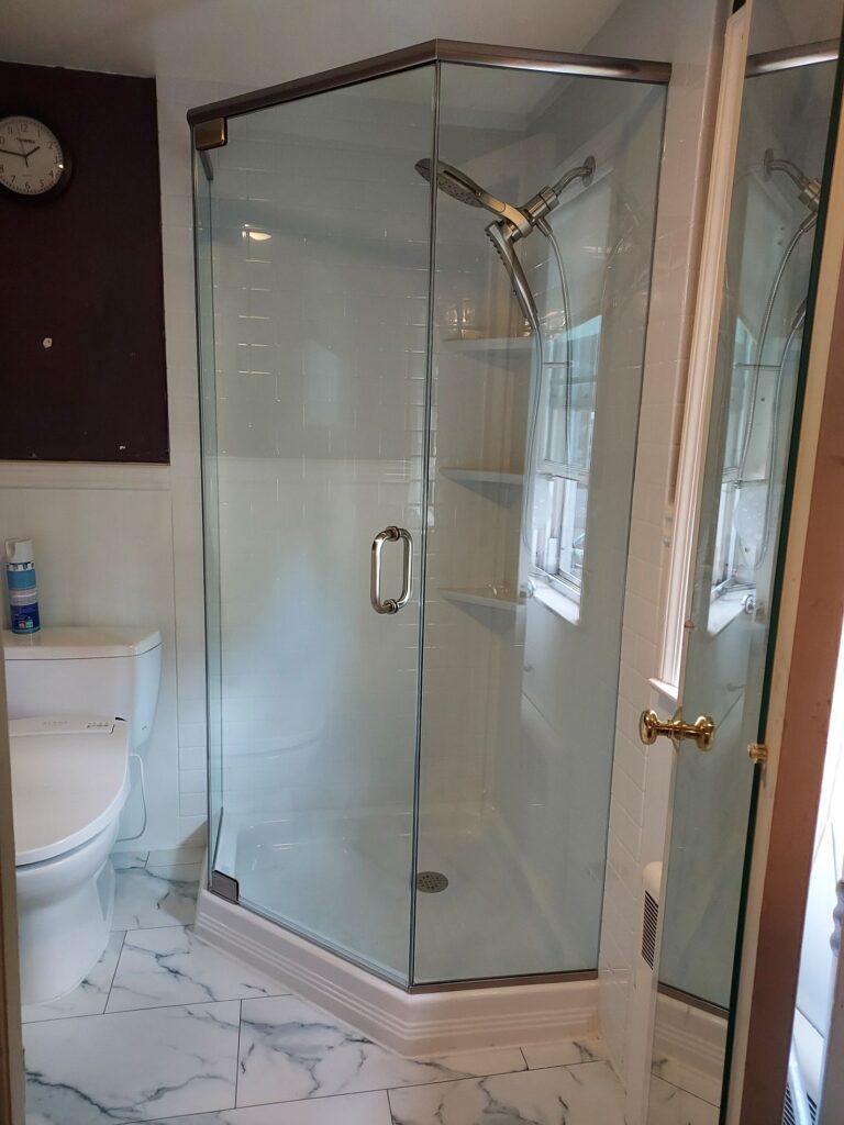 corner walk in shower with white base